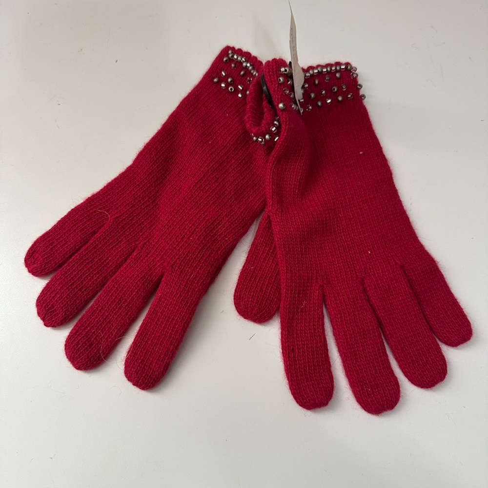 carolina amato Wool Blend Rabbit Hair Elegant Red Beaded Women's Gloves
